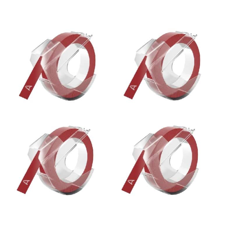 Rabatpakke! Dymo 3D tape. 4 stk hvid på rød plastiktape  9 mm x 3 m  Kompatibel  S0898150