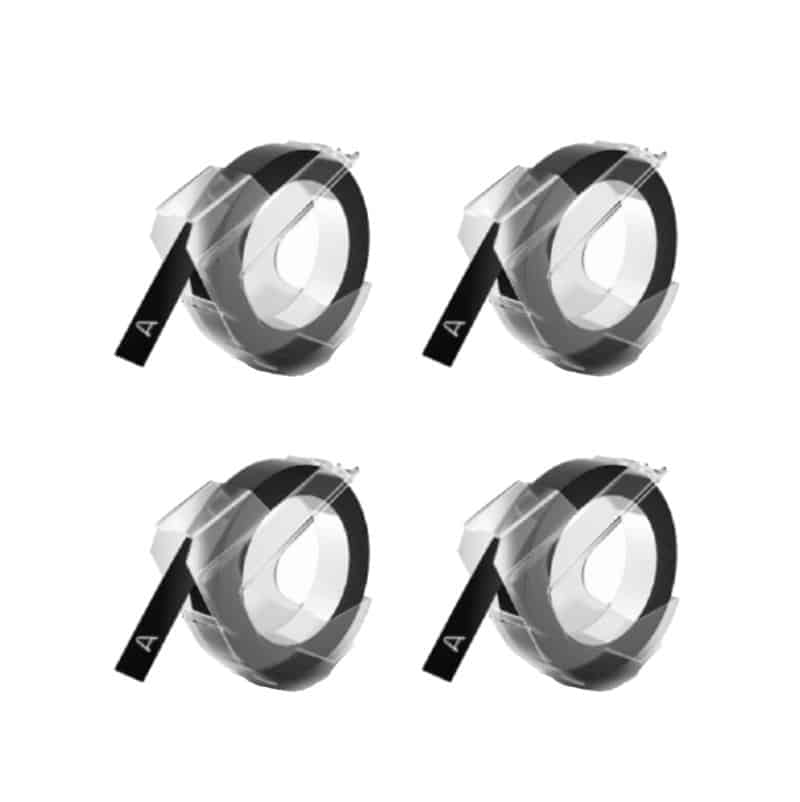 Rabatpakke! Dymo 3D tape. 4 stk hvid på sort plastiktape  9 mm x 3 m  Kompatibel  S0898130