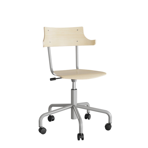 Stol Strong 113 HATT, birk laminat og alugråt stel, metalkryds og hjul