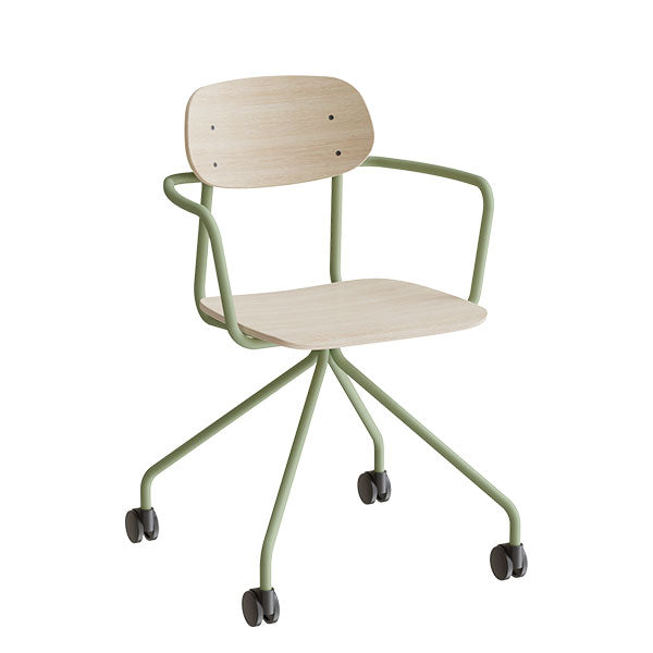Stol Atlas 2112 på hjul, hvidpigmenteret egelaminat, grønt stel