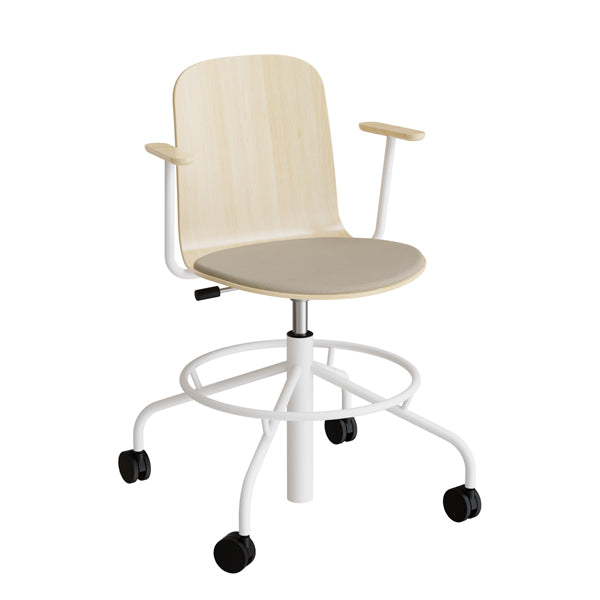 Stol ADD 5903, Fodkryds, hjul og armlæn, Birk laminat, Sæde med beige tekstil, Hvidt stel