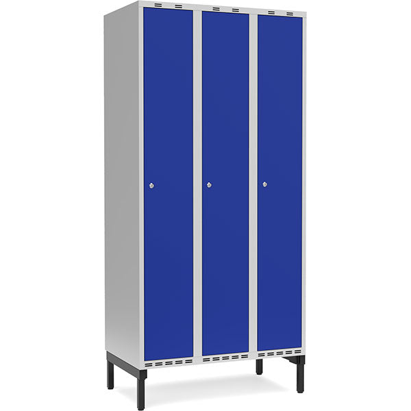 Garderobeskab 3x300mm m/lige tag, blå dør med cylinderlås og benramme