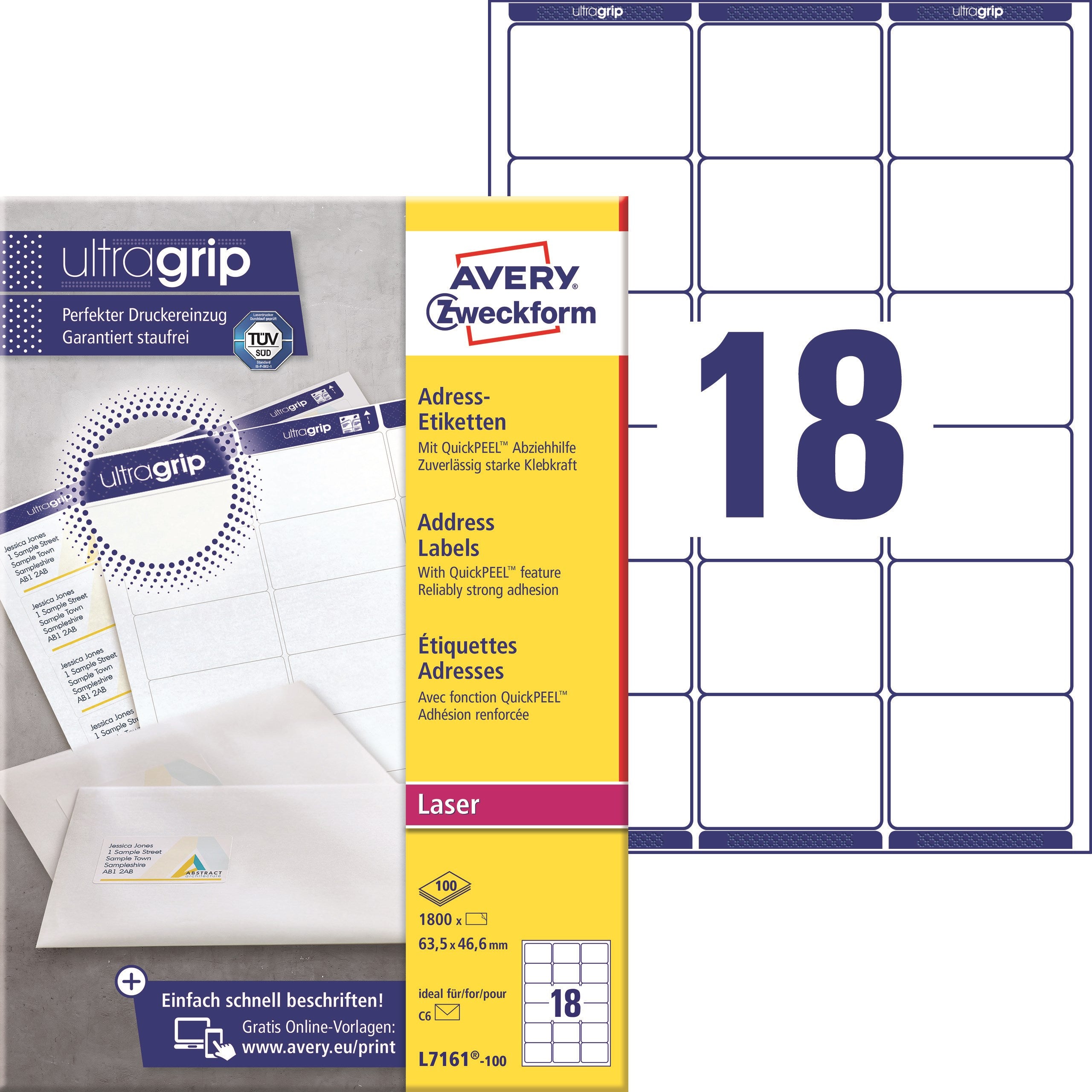 Avery L7161-100 Adresseetiketter 63,5x46,6mm QP+UG (1800)