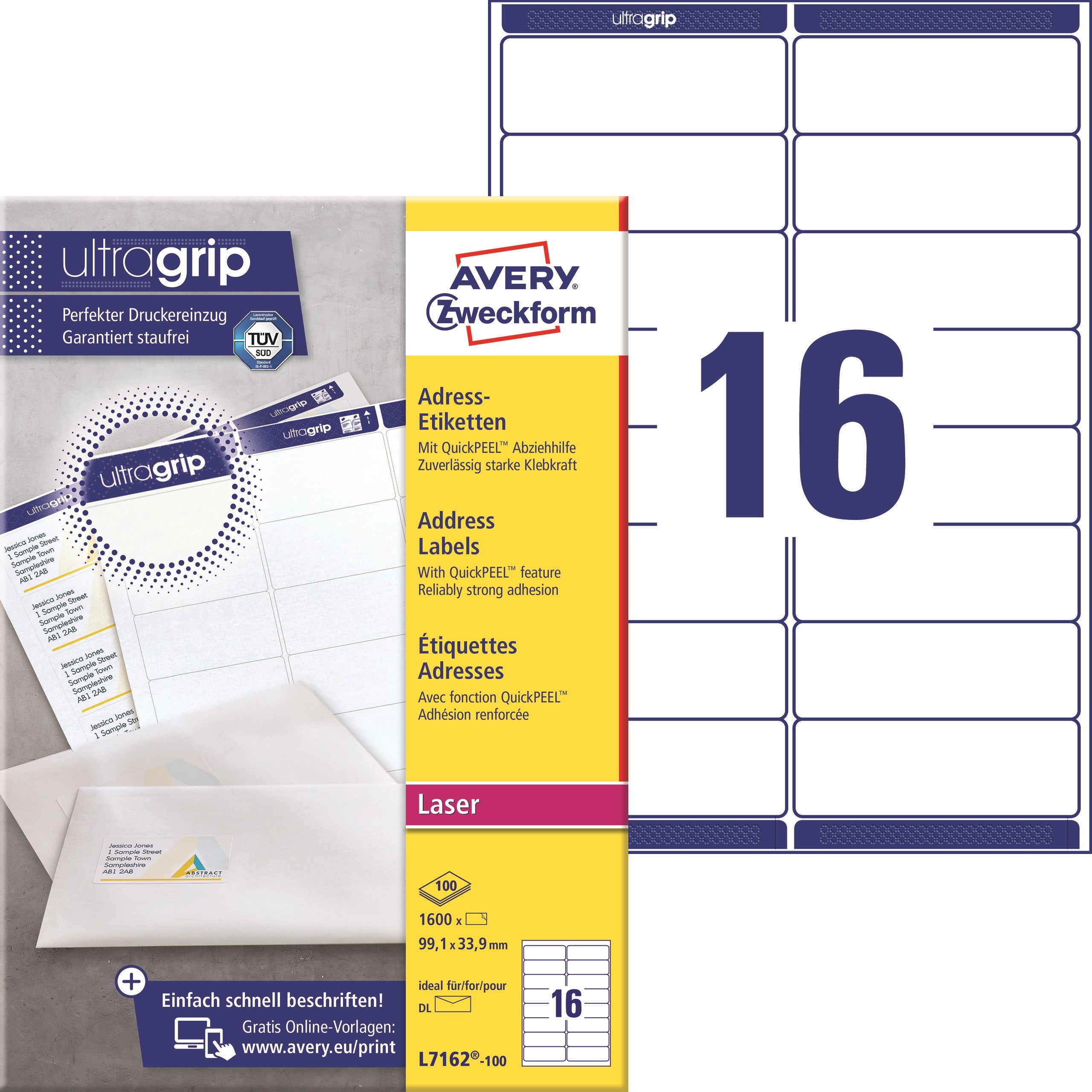 Avery L7162-100 Adresseetiketter 99,1x33,9mm QP+UG (1600)