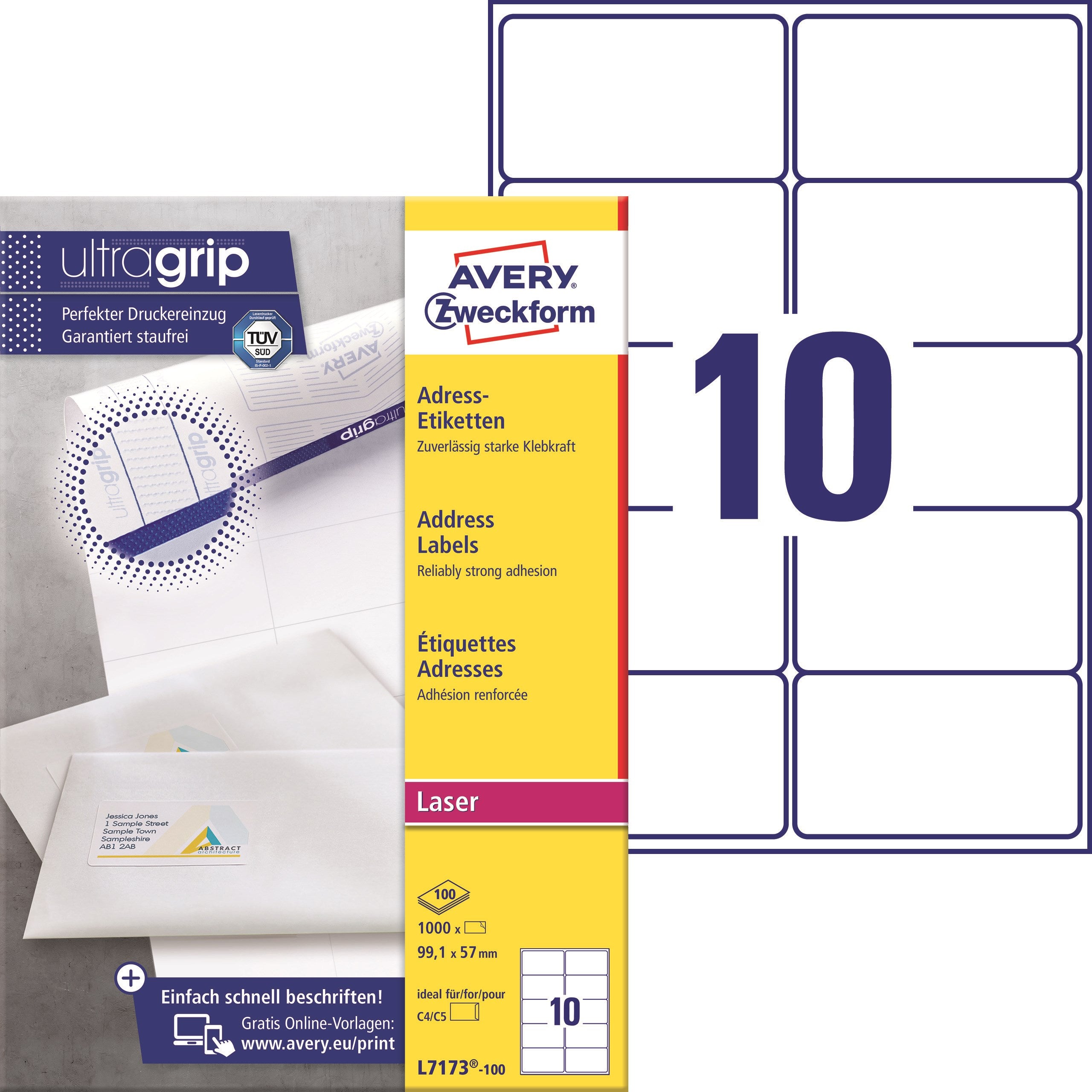 Avery L7173-100 Adresseetiketter 99,1x57mm QP+UG (1000)