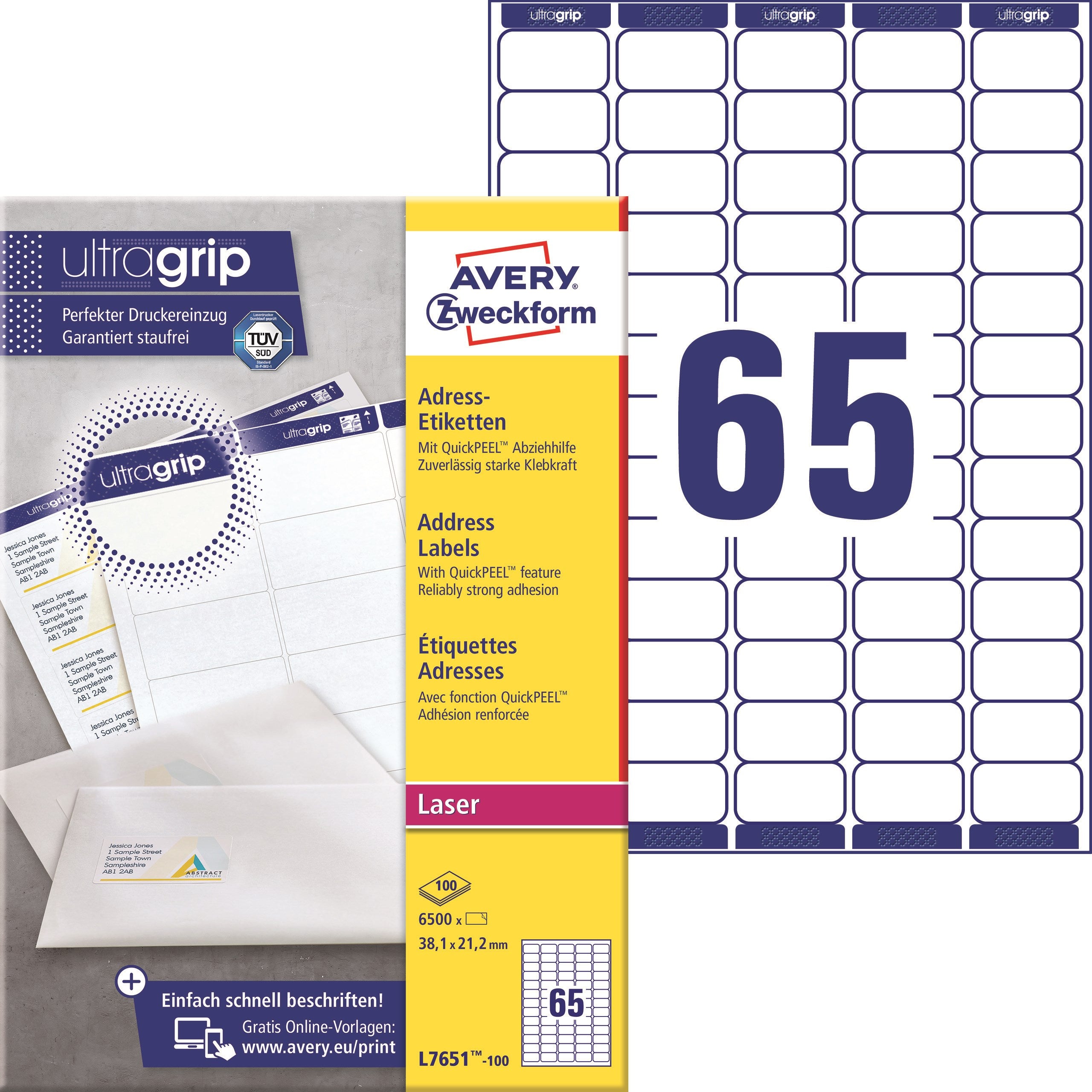 Avery L7651-100 Adresseetiketter 38,1x21,2mm QP+UG (6500)