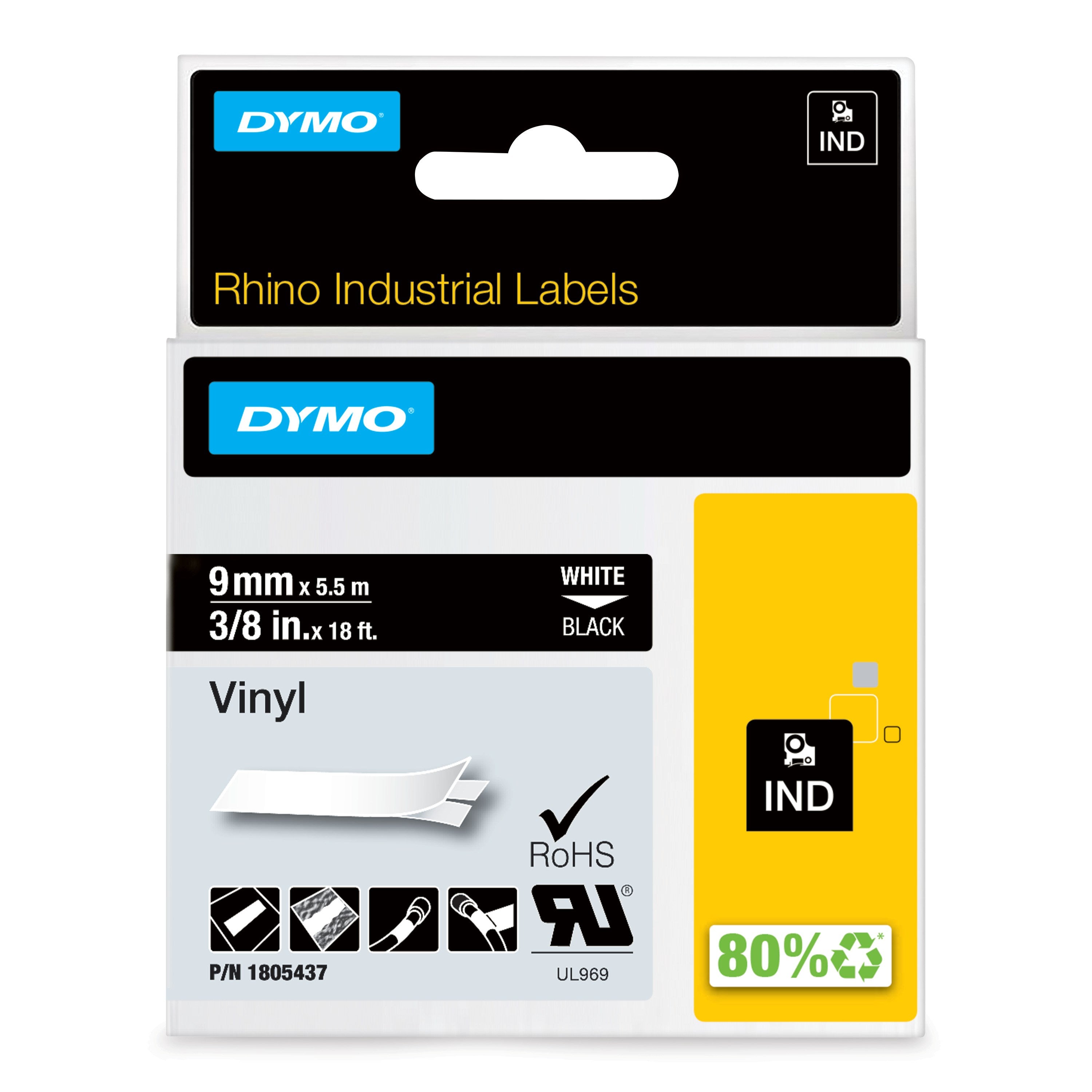 Tape Rhino 9mmx5,5m vinyl hvid på sort