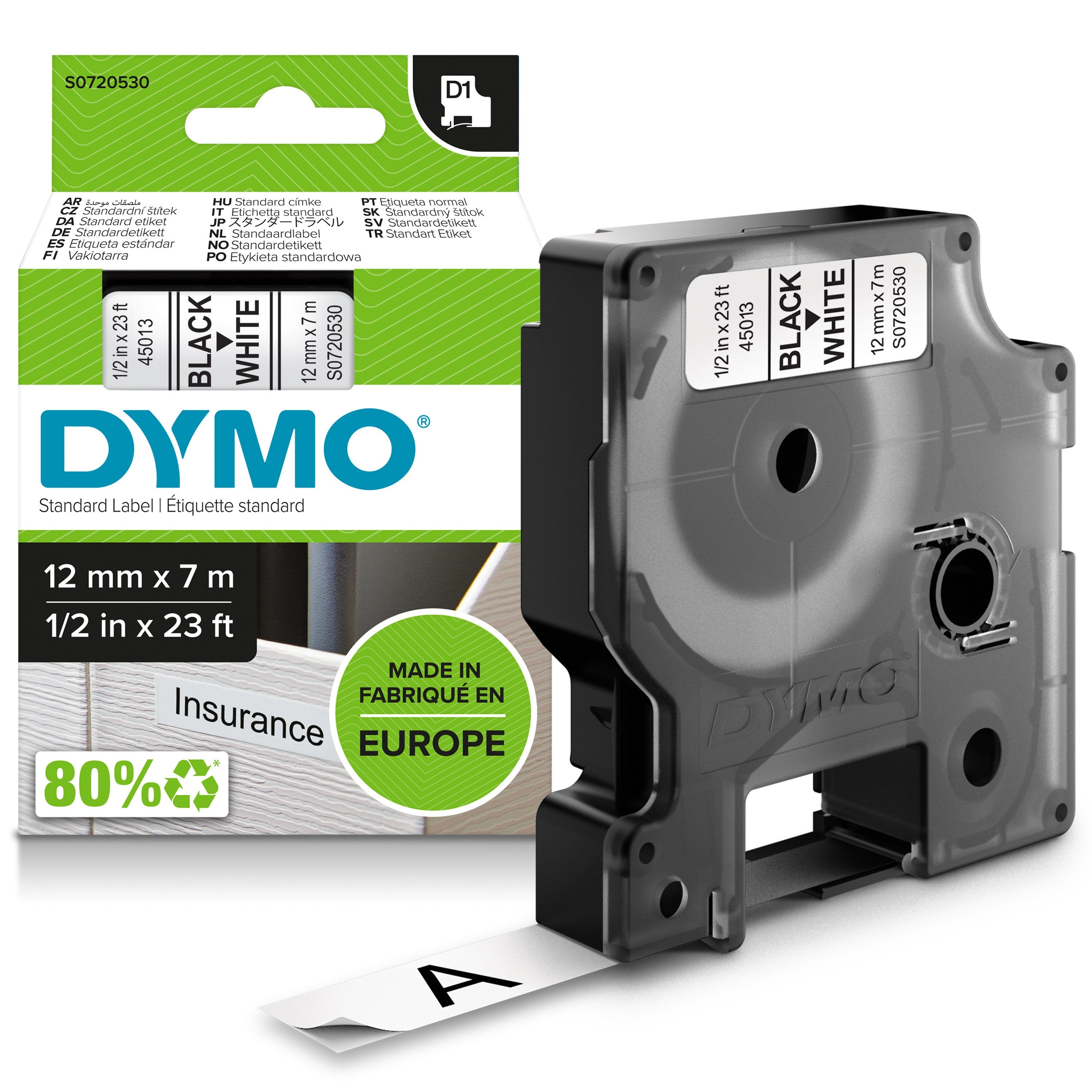 Tape D1 12mmx7m black/white