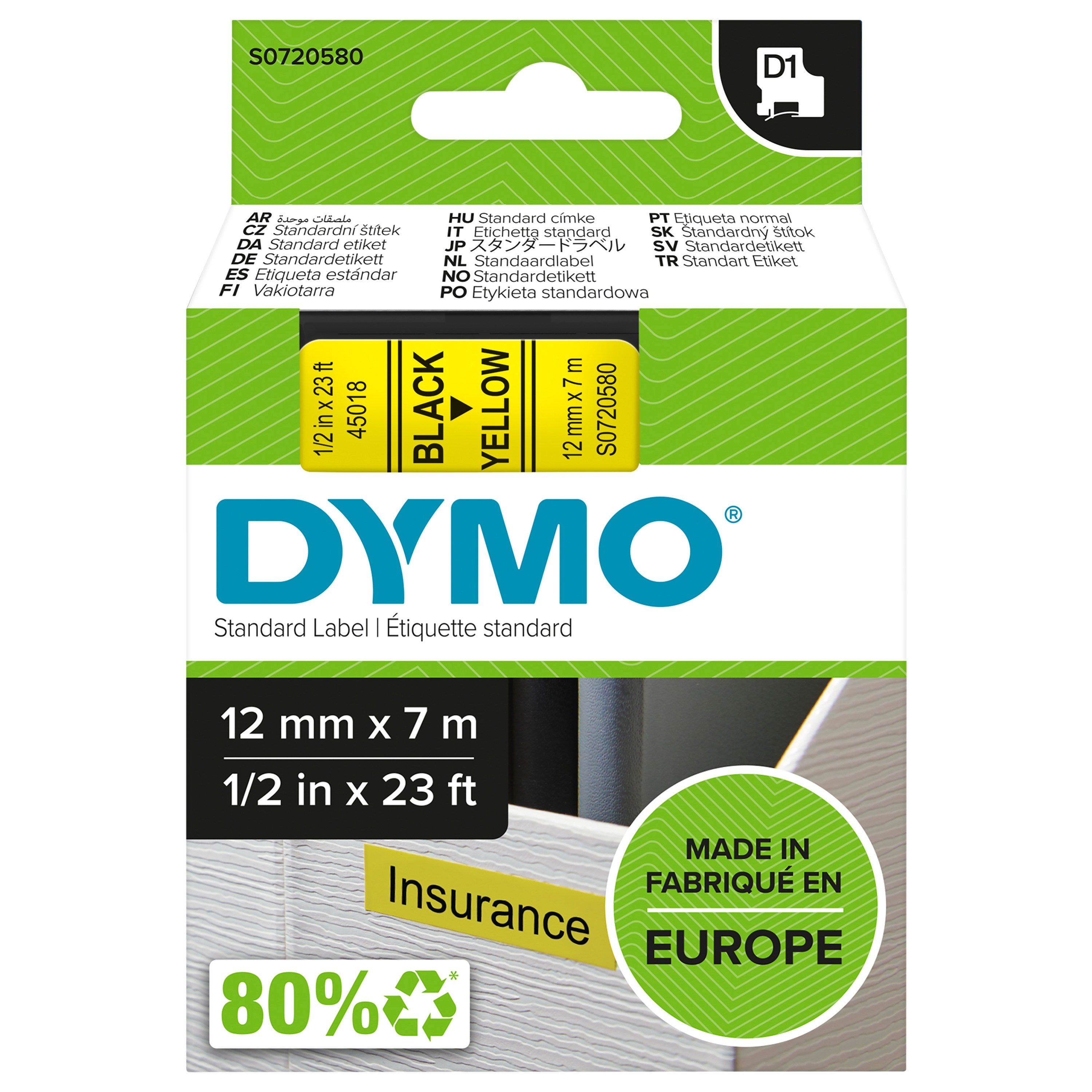 Tape D1 12mmx7m black/yellow