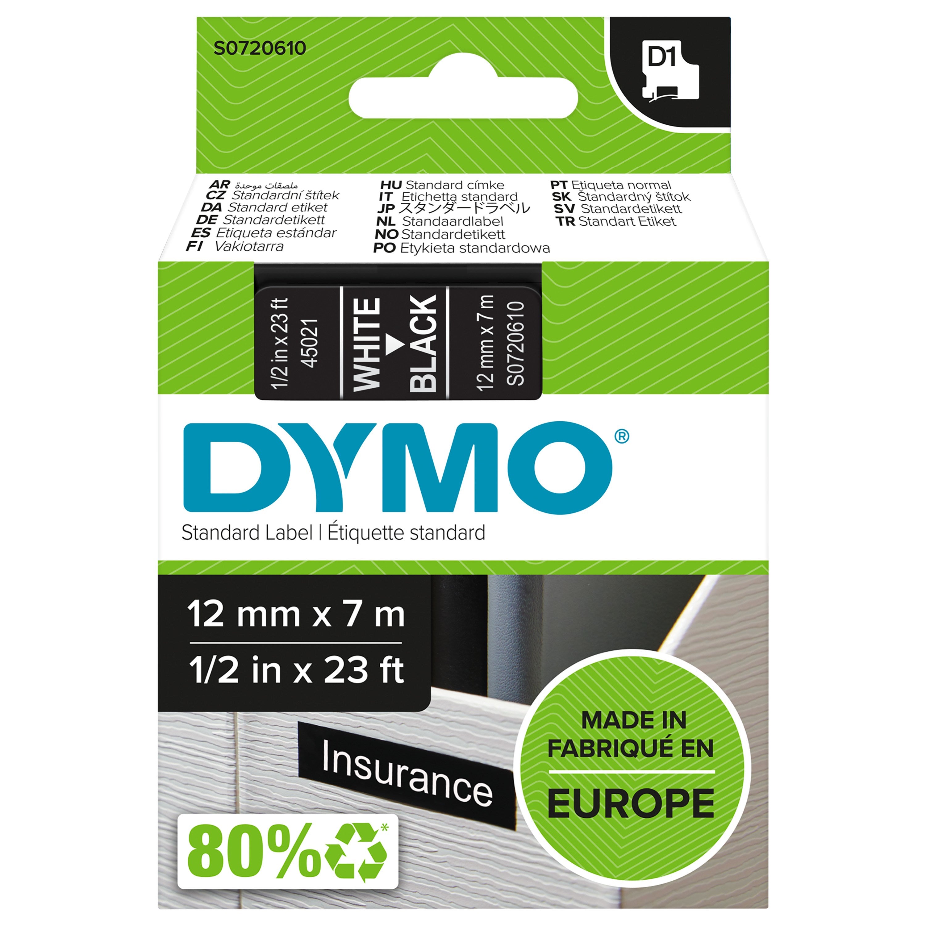 Tape D1 12mmx7m white/black