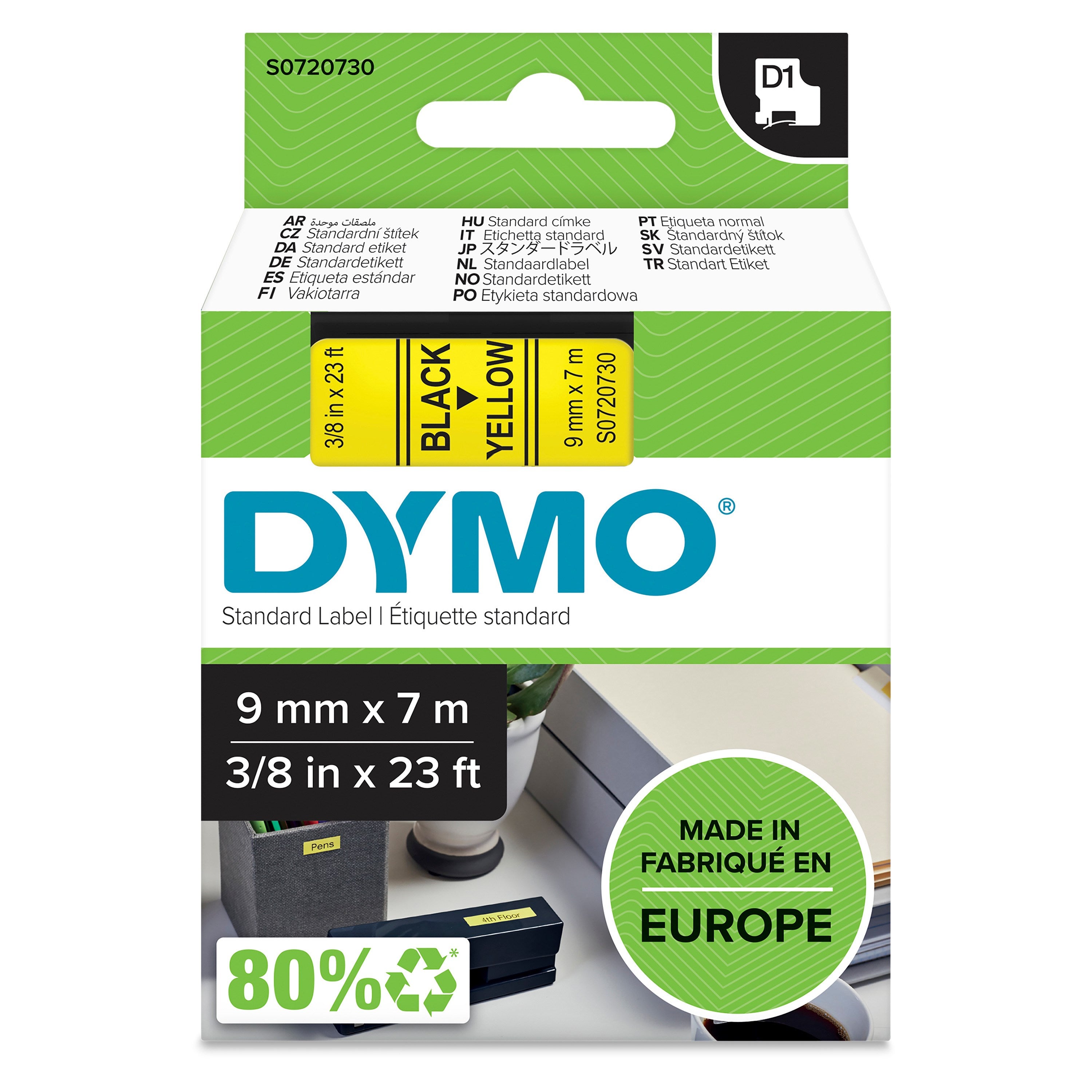 Tape D1 9mmx7m black/yellow