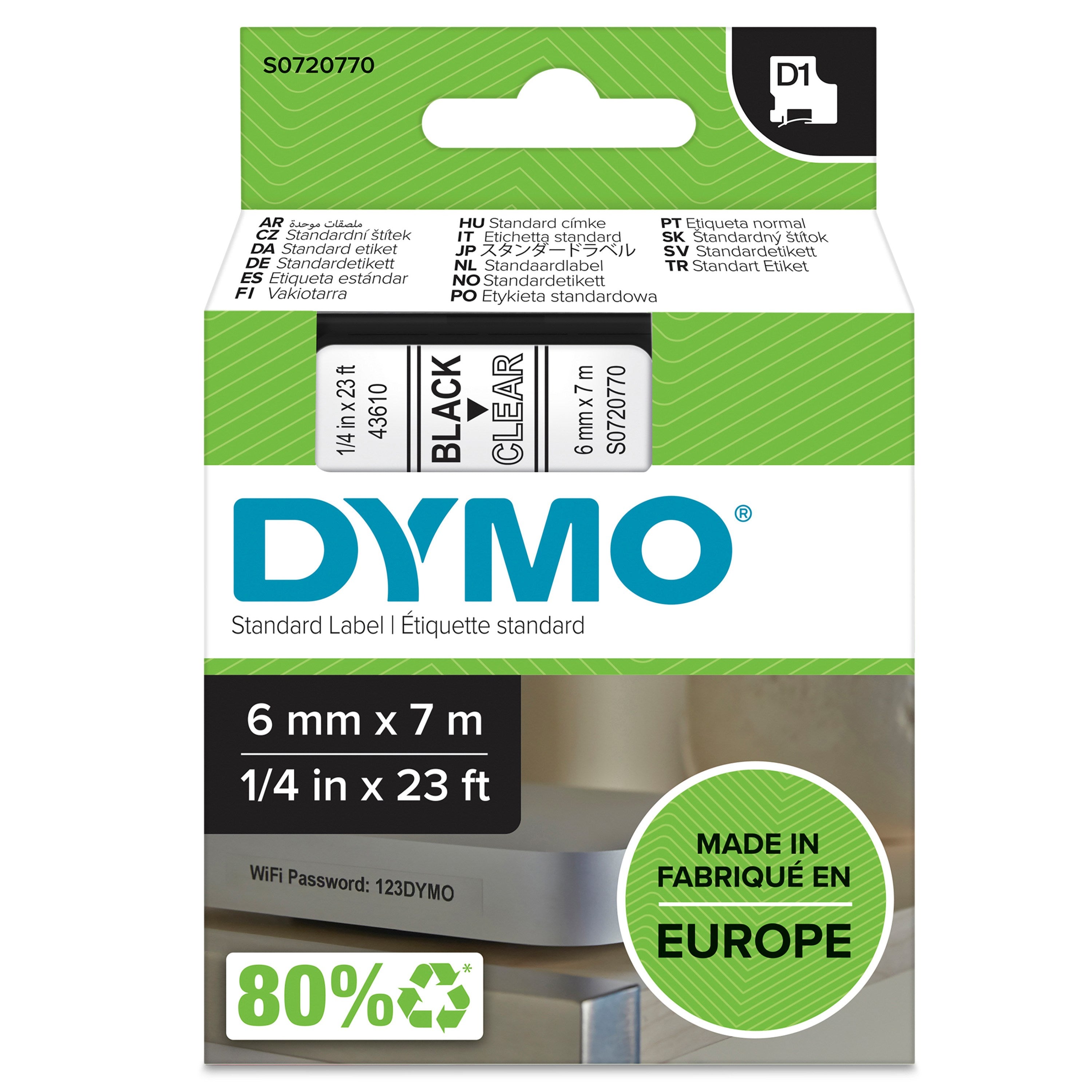 Tape D1 6mmx7m black/clear