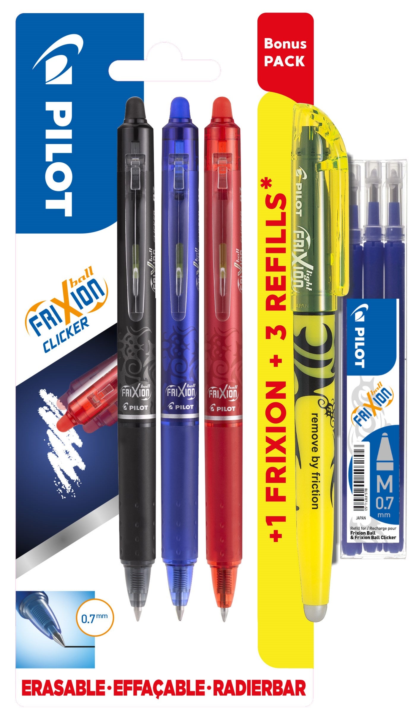 Frixion Clicker m/klik 0,7 Bonuspack 3+Light+Refillset