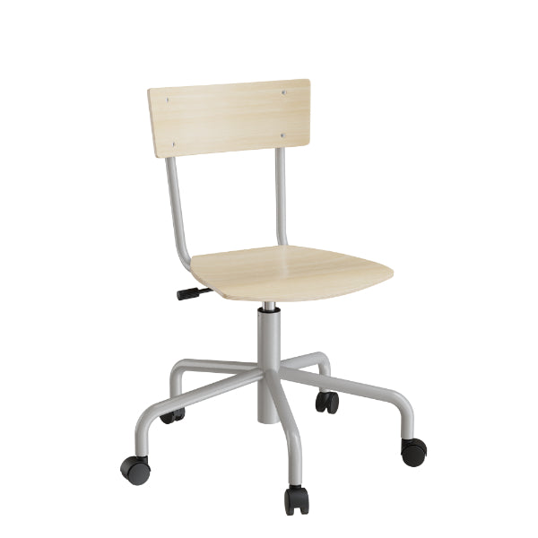 Stol Strong 113, birk laminat og alugråt stel, metalkryds og hjul