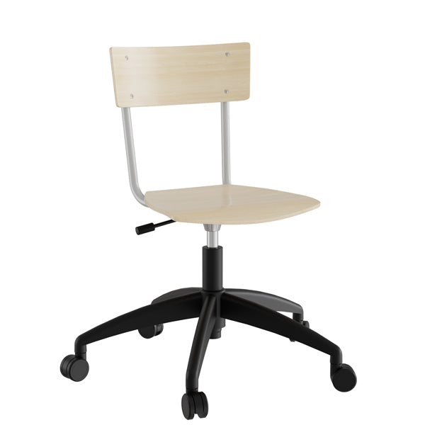 Stol Strong 113, birk laminat og alugråt stel, plastkryds og hjul