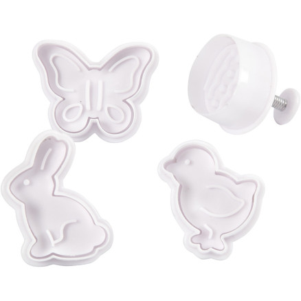 Udstikkere med præg, påskeæg, hare, kylling, sommerfugl, H: 5 cm, hvid, 4stk./ 1 pk.
