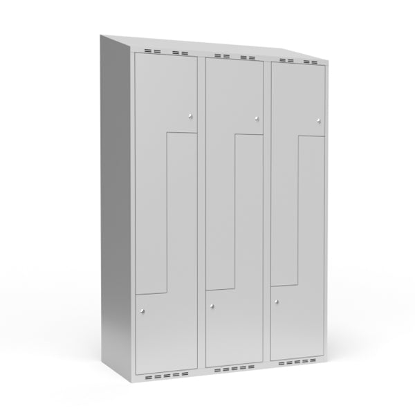 Garderobeskab 3x400 mm Skråt tag, 2-delt søjle Lys grå Z-dør m/cylinderlås