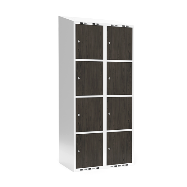 Garderobeskab 2x400 mm Skråt tag 4-delt søjle Laminat dør Nocturne wood Cylinderlås