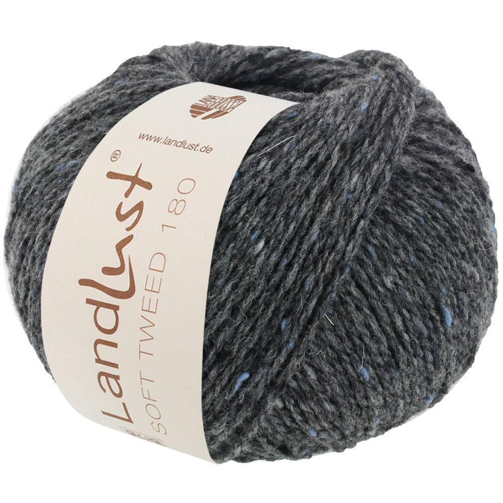 Lana Grossa Landlust Soft Tweed 180, tweedgarn i merinould - 105 antracit grå m/blå nister