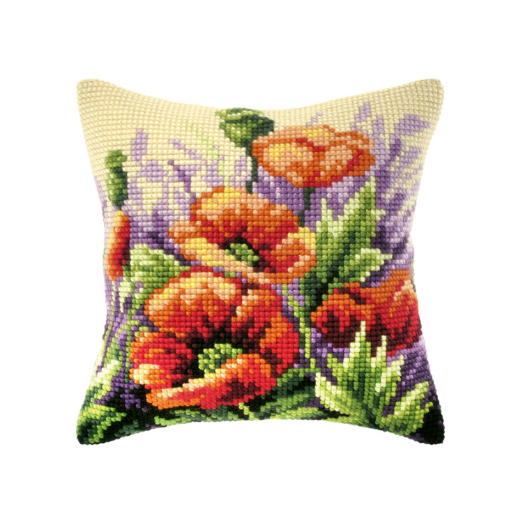 Orchidea broderi - Røde valmuer - pude 40 x 40 cm (påtrykt broderi)